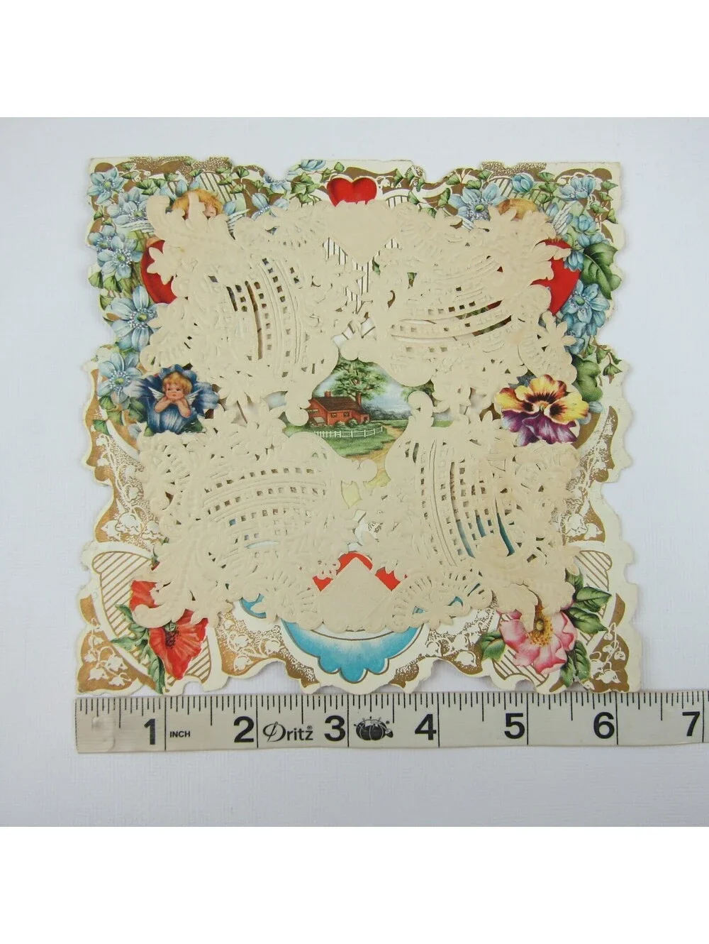 Antique Valentine Die cut Farm House Trees Flowers Cupid Boy Girl Canoe Embossed